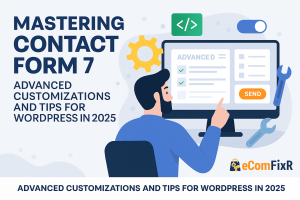 Flat-style digital illustration for a blog post titled 'Mastering Contact Form 7 Advanced Customizations and Tips for WordPress in 2025', featuring a laptop screen with form elements, surrounded by UI icons and the eComFixR logo in the corner