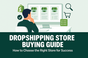 Illustration of entrepreneur analyzing multiple ecommerce store options with Shopify logo, product listings, and comparison charts – Dropshipping Store Buying Guide