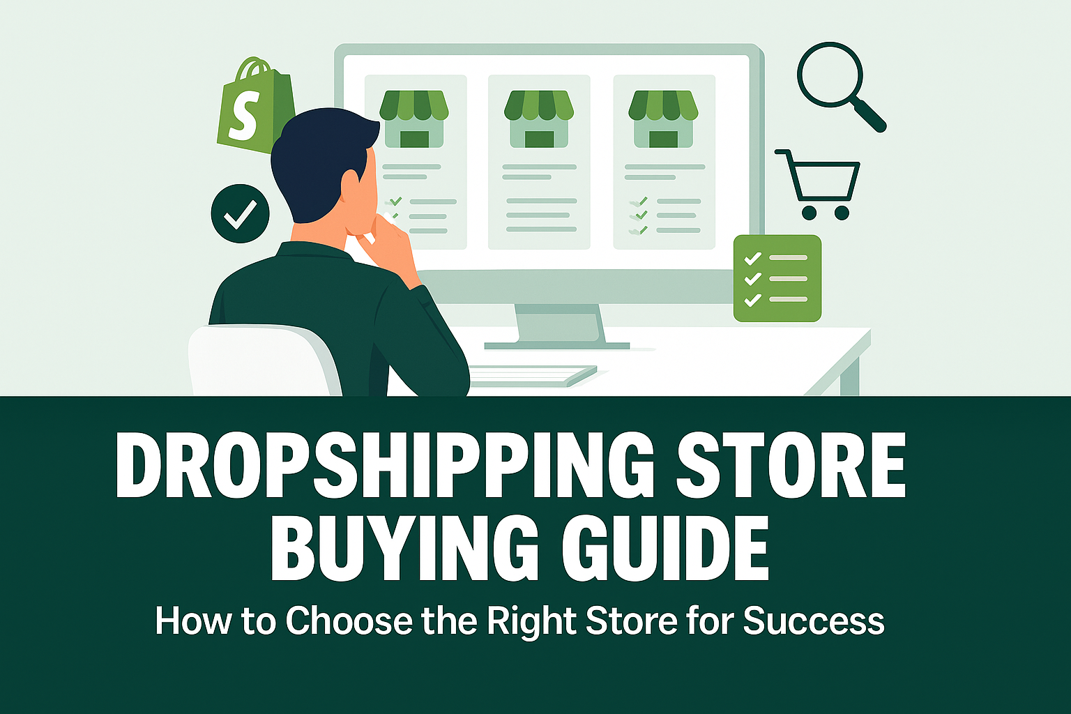 Illustration of entrepreneur analyzing multiple ecommerce store options with Shopify logo, product listings, and comparison charts – Dropshipping Store Buying Guide