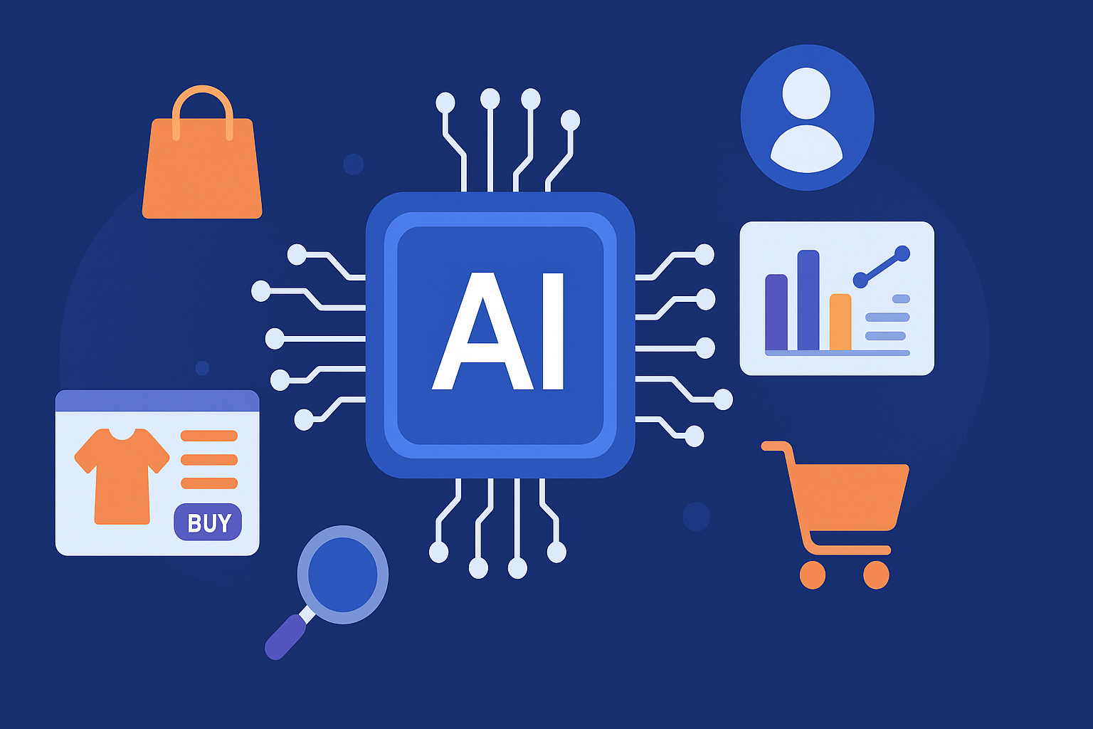 AI in eCommerce use cases showing personalized recommendations, chatbots, and data analytics