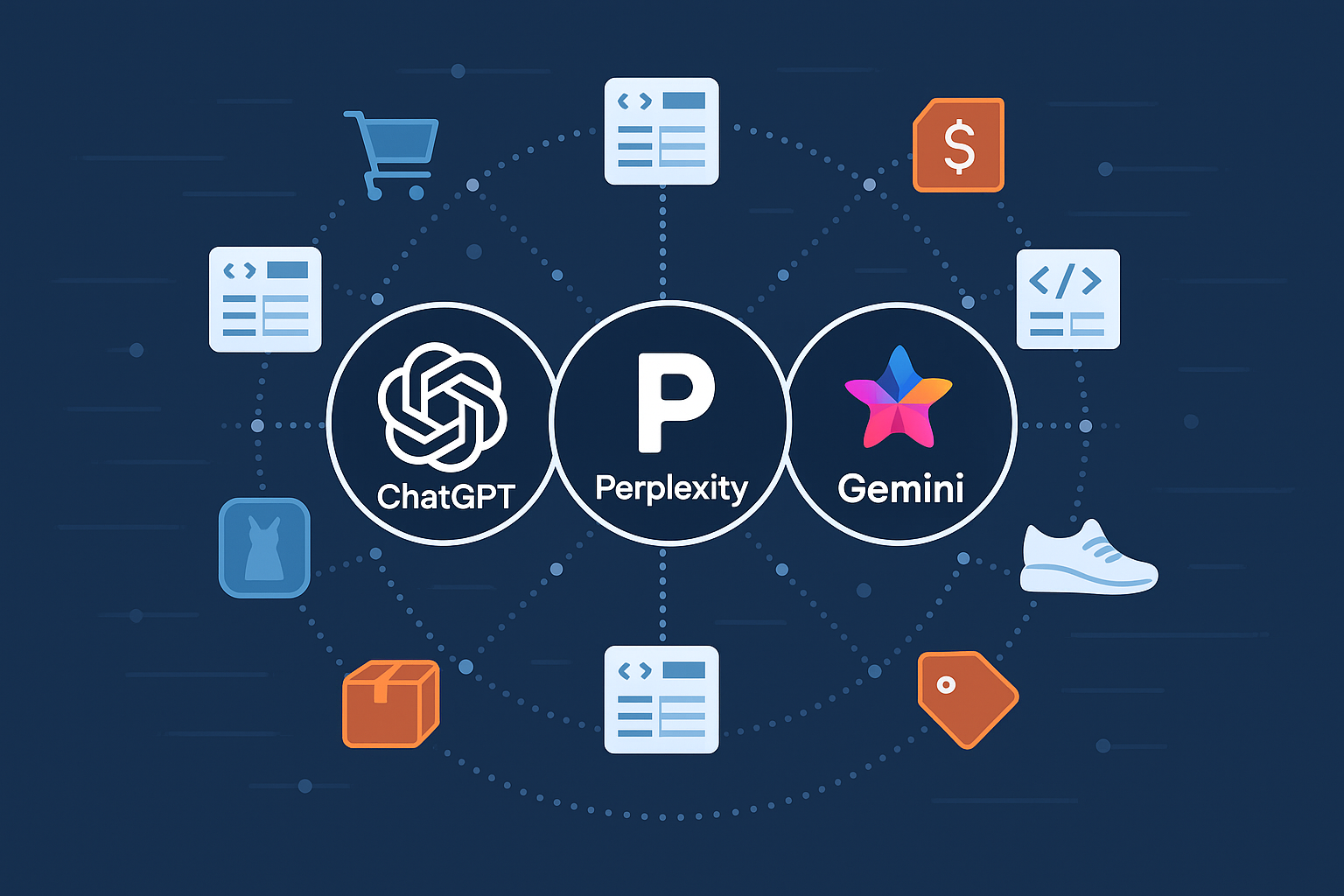 AI-powered search engines ChatGPT, Perplexity, and Gemini surrounded by eCommerce product and structured data icons, representing the fusion of AI and eCommerce."