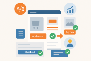 Conversion Rate Optimization (CRO) website elements with A/B testing, checkout flow, product pages, and CTA buttons optimized for eCommerce.