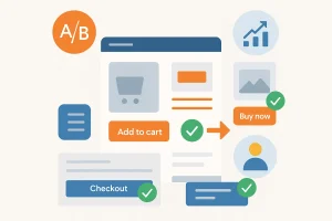 Conversion Rate Optimization (CRO) website elements with A/B testing, checkout flow, product pages, and CTA buttons optimized for eCommerce.