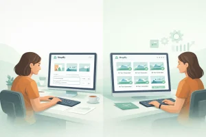 Split illustration showing manual Shopify image alt text editing versus automated bulk optimization dashboard with multiple images updated at once