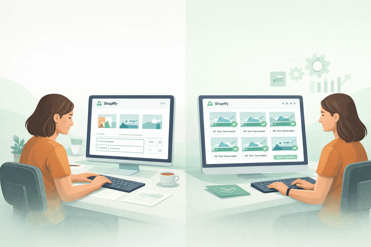 Split illustration showing manual Shopify image alt text editing versus automated bulk optimization dashboard with multiple images updated at once