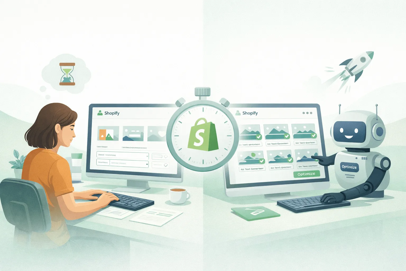 Illustration of a Shopify store dashboard with multiple product images being updated automatically using bulk alt text optimization, showing structured templates and automated workflow for faster SEO.