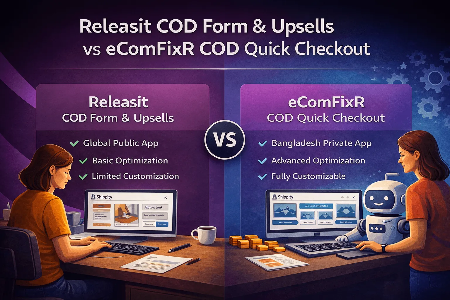 Side-by-side comparison of Releasit COD Form & Upsells and eComFixR COD Quick Checkout for Shopify stores in Bangladesh, highlighting features like speed, customization, and optimization.