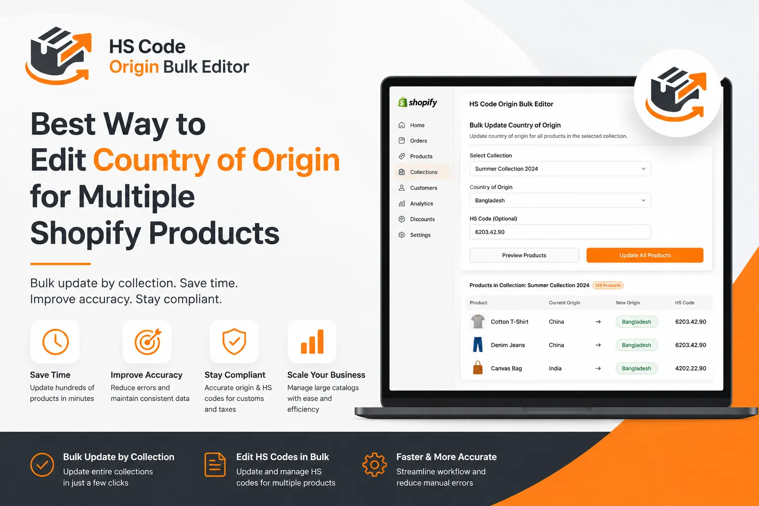 Shopify bulk editor app interface for updating Country of Origin and HS Codes for multiple products by collection with HS Code Origin Bulk Editor.