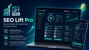 SeoLift Pro Shopify SEO app dashboard showing SEO health score, meta optimizer, image ALT optimization, sitemap and robots.txt tools