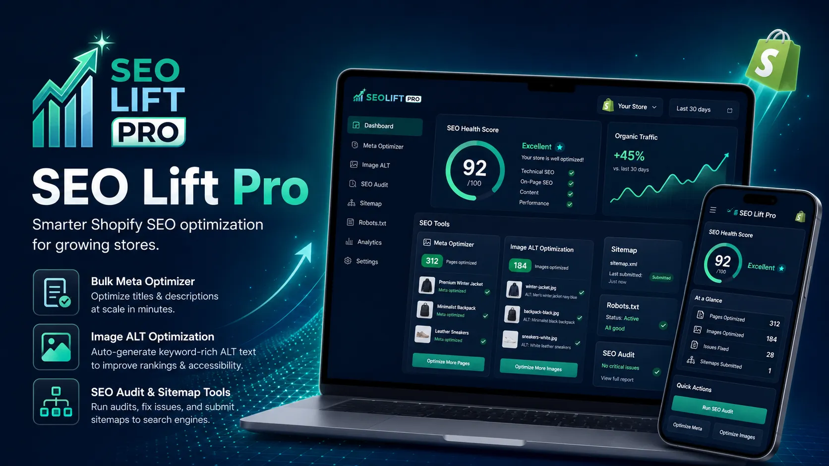 SeoLift Pro Shopify SEO app dashboard showing SEO health score, meta optimizer, image ALT optimization, sitemap and robots.txt tools