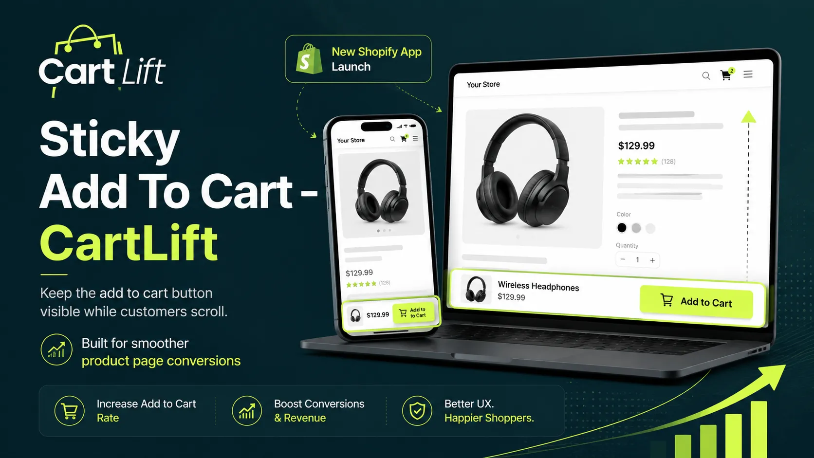 Sticky Add To Cart – CartLift Shopify app showing sticky add to cart bar on desktop and mobile product pages