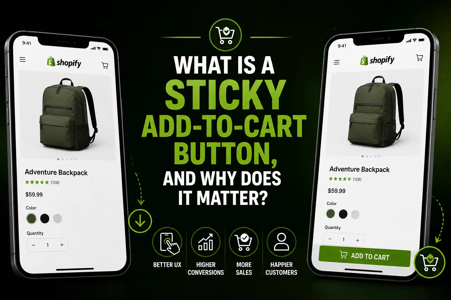 Shopify product page with a sticky add-to-cart bar pinned to the bottom of a mobile screen