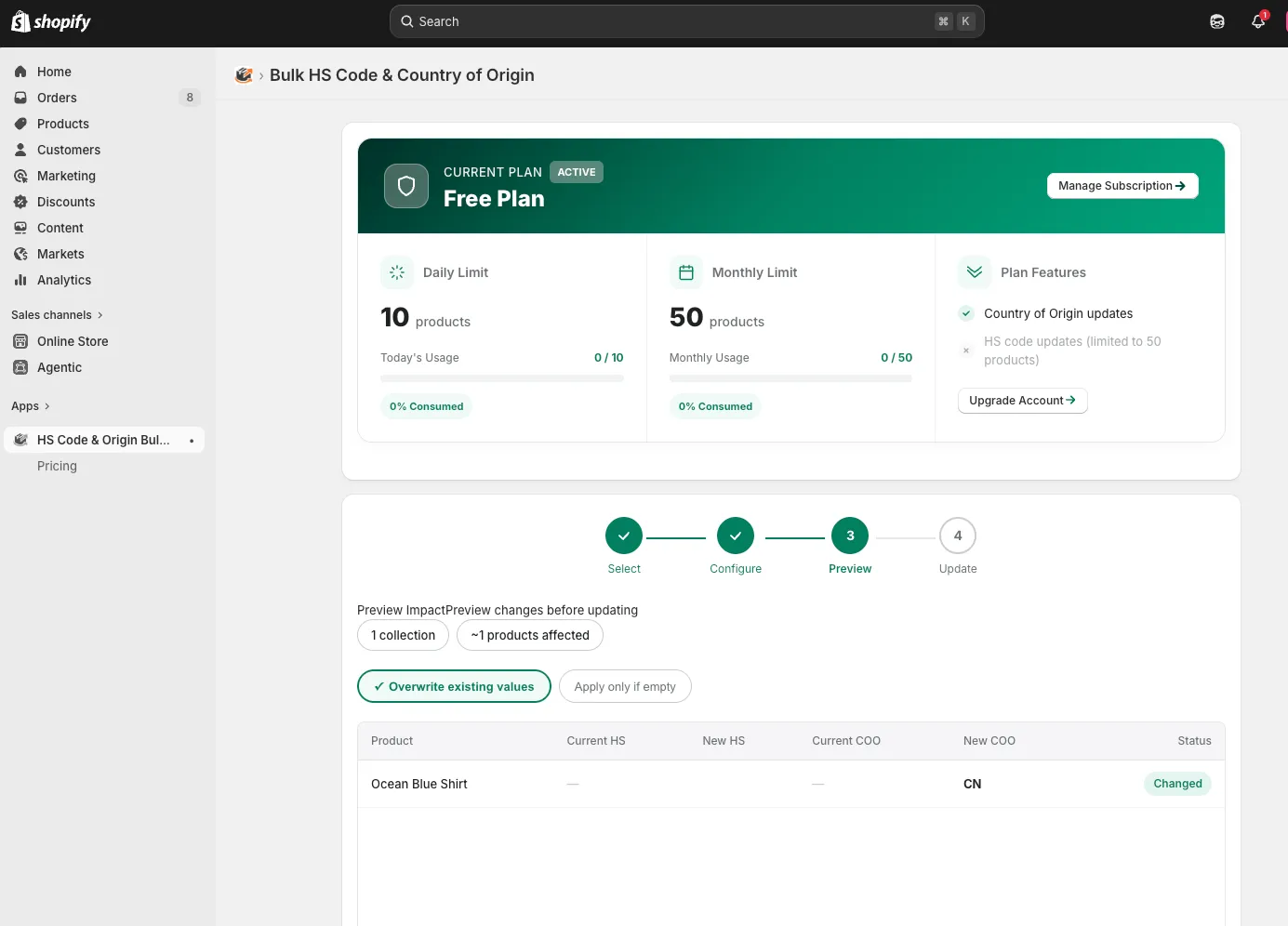 Applying HS codes and country of origin to a filtered Shopify collection in bulk