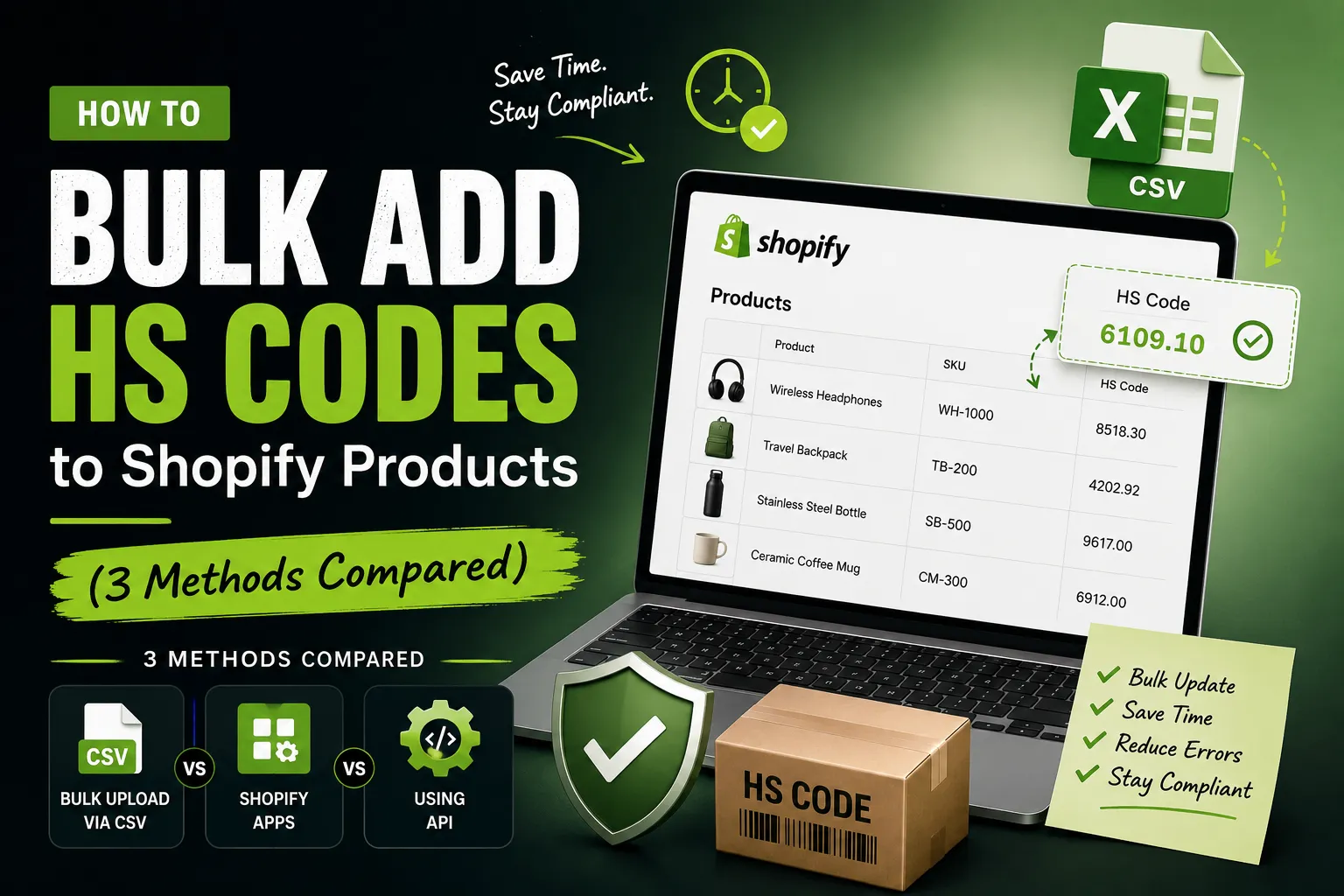 Bulk adding HS codes to Shopify products — bulk editor, CSV, and app methods compared