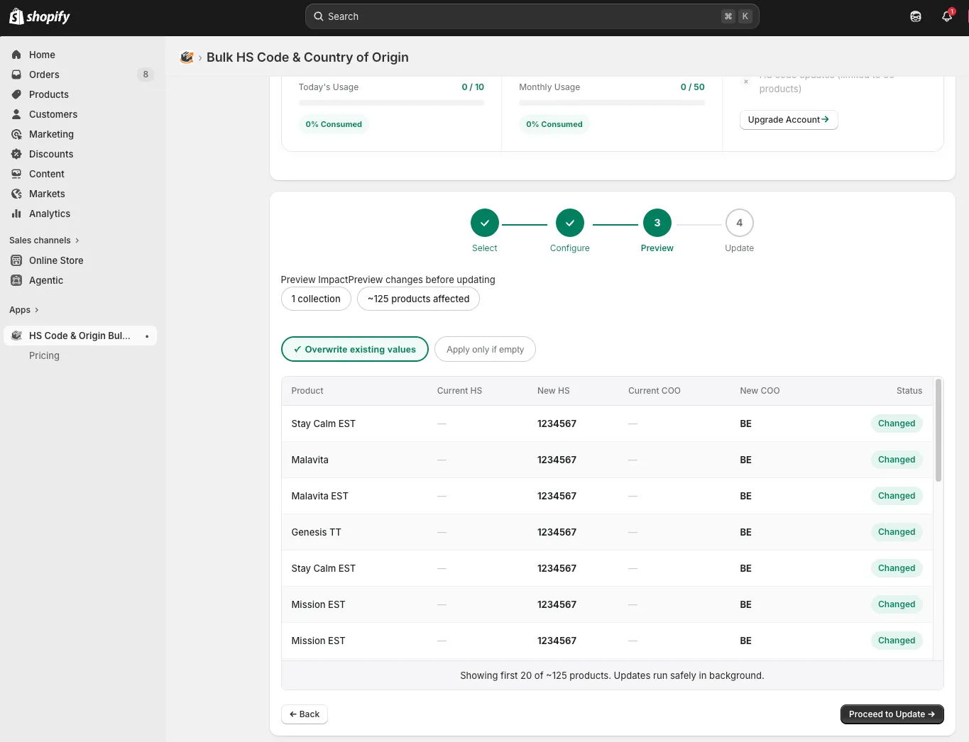 Entering HS codes in bulk by collection in Shopify