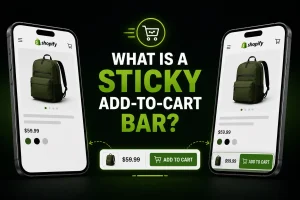 Diagram showing a Shopify product page on mobile with a sticky add-to-cart bar pinned to the bottom of the screen